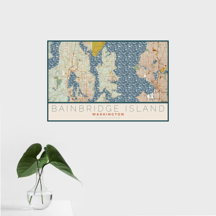 16x24 Bainbridge Island Washington Map Print Landscape Orientation in Woodblock Style With Tropical Plant Leaves in Water