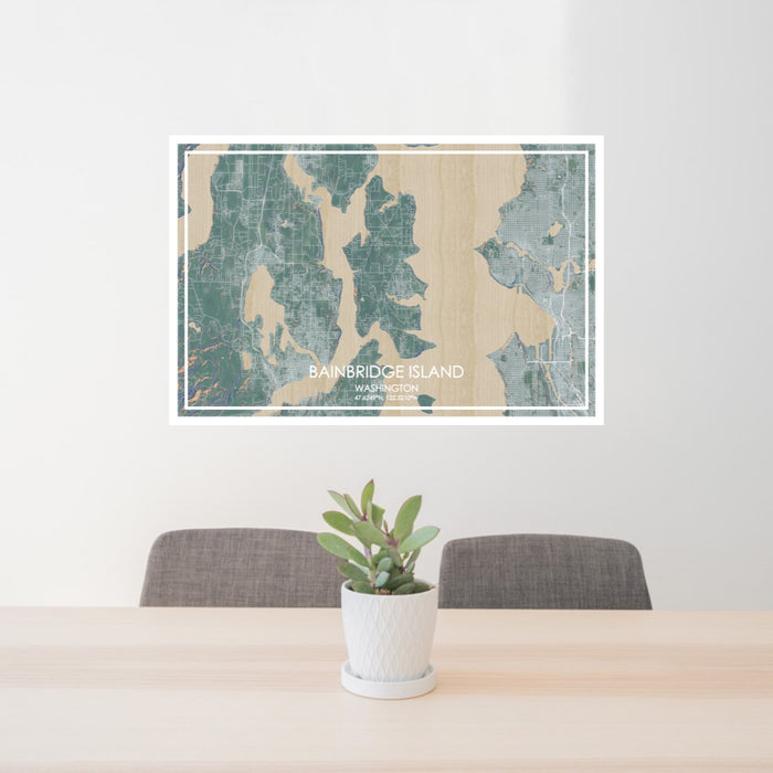 24x36 Bainbridge Island Washington Map Print Lanscape Orientation in Afternoon Style Behind 2 Chairs Table and Potted Plant