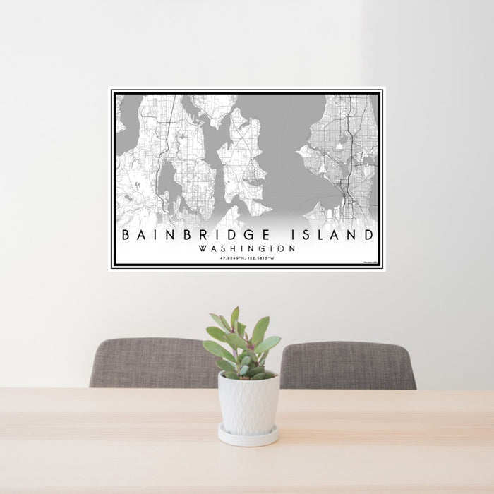 24x36 Bainbridge Island Washington Map Print Lanscape Orientation in Classic Style Behind 2 Chairs Table and Potted Plant