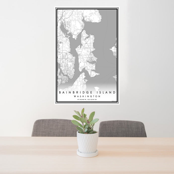 24x36 Bainbridge Island Washington Map Print Portrait Orientation in Classic Style Behind 2 Chairs Table and Potted Plant