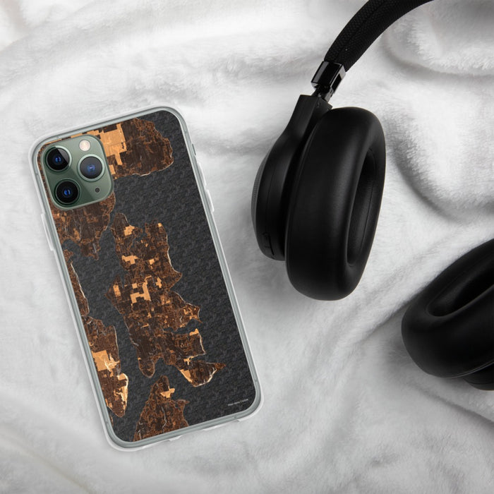 Custom Bainbridge Island Washington Map Phone Case in Ember on Table with Black Headphones