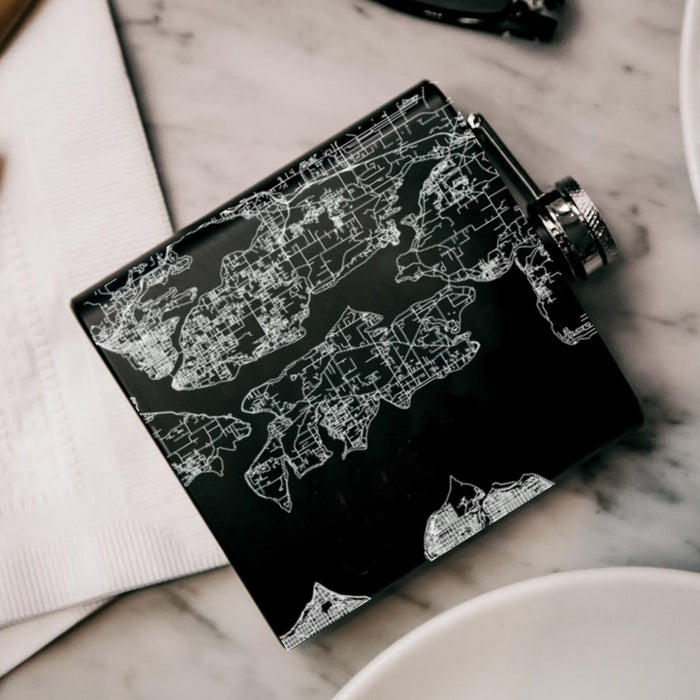 Bainbridge Island Washington Custom Engraved City Map Inscription Coordinates on 6oz Stainless Steel Flask in Black