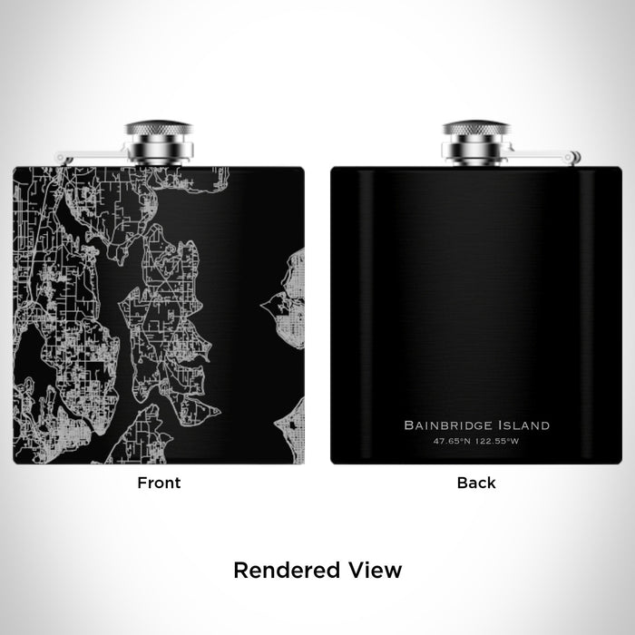 Rendered View of Bainbridge Island Washington Map Engraving on 6oz Stainless Steel Flask in Black
