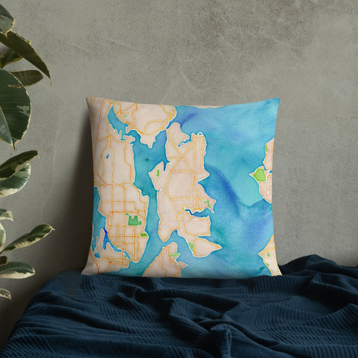 Custom Bainbridge Island Washington Map Throw Pillow in Watercolor on Bedding Against Wall