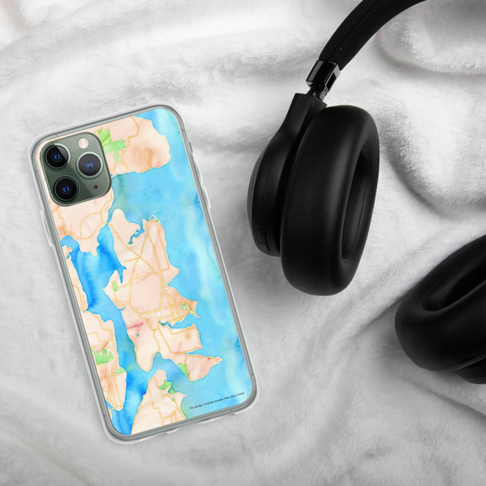 Custom Bainbridge Island Washington Map Phone Case in Watercolor on Table with Black Headphones