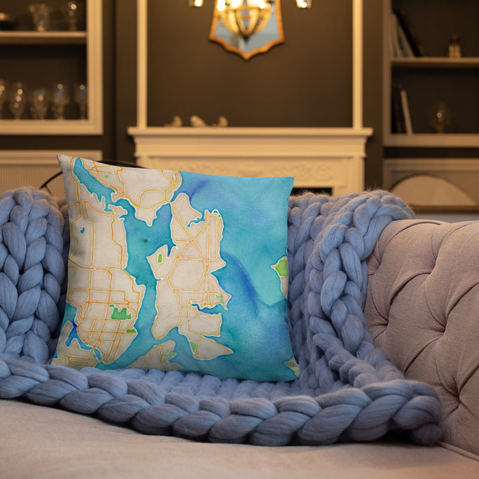 Custom Bainbridge Island Washington Map Throw Pillow in Watercolor on Cream Colored Couch