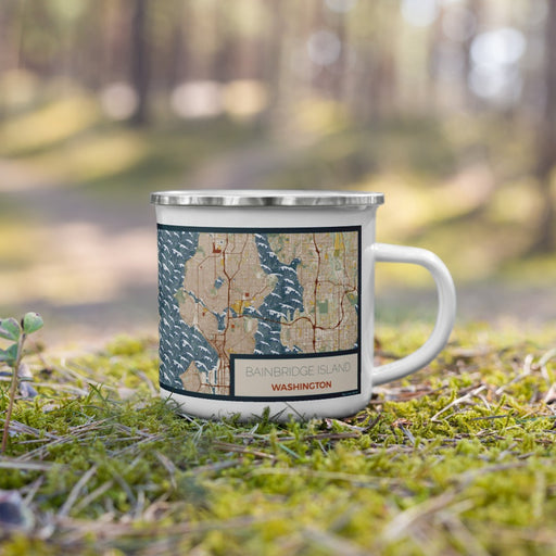 Right View Custom Bainbridge Island Washington Map Enamel Mug in Woodblock on Grass With Trees in Background