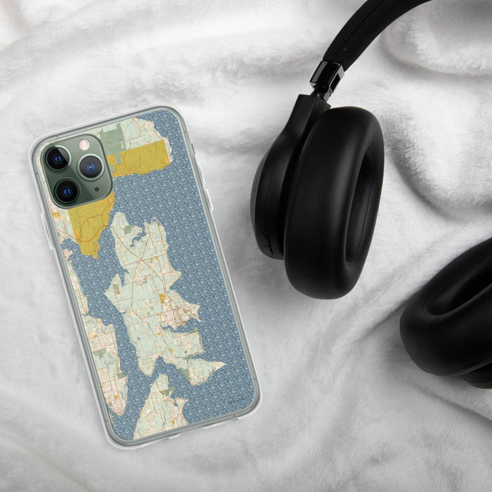 Custom Bainbridge Island Washington Map Phone Case in Woodblock on Table with Black Headphones