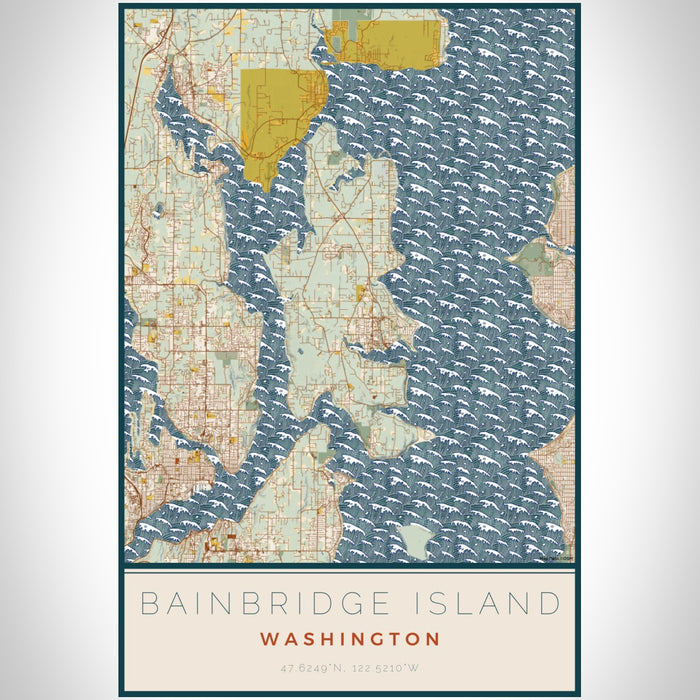 Bainbridge Island Washington Map Print Portrait Orientation in Woodblock Style With Shaded Background