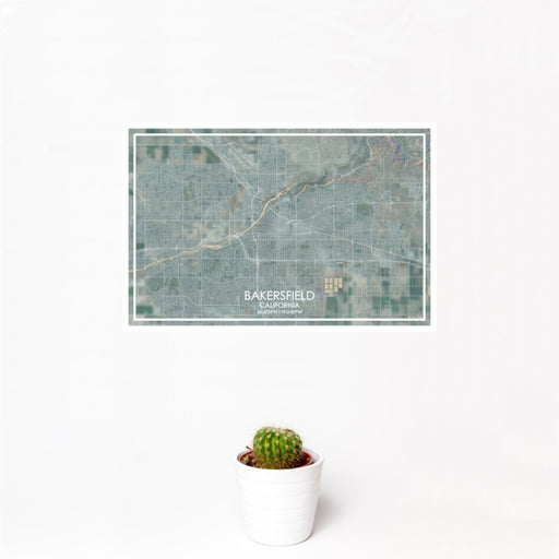 12x18 Bakersfield California Map Print Landscape Orientation in Afternoon Style With Small Cactus Plant in White Planter