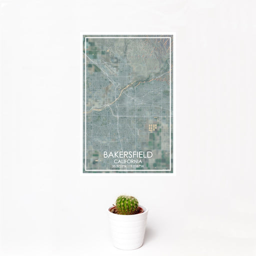 12x18 Bakersfield California Map Print Portrait Orientation in Afternoon Style With Small Cactus Plant in White Planter