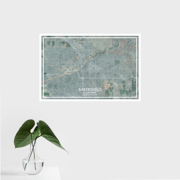 16x24 Bakersfield California Map Print Landscape Orientation in Afternoon Style With Tropical Plant Leaves in Water