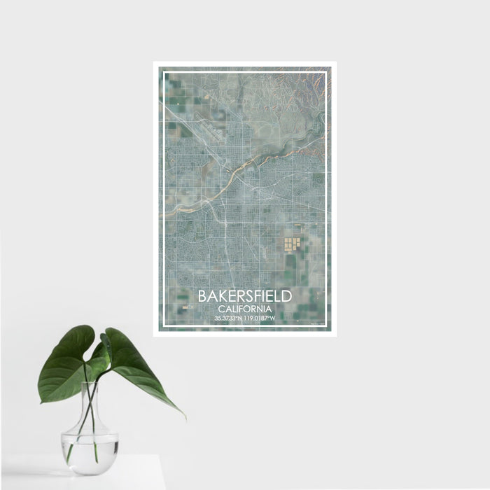 16x24 Bakersfield California Map Print Portrait Orientation in Afternoon Style With Tropical Plant Leaves in Water