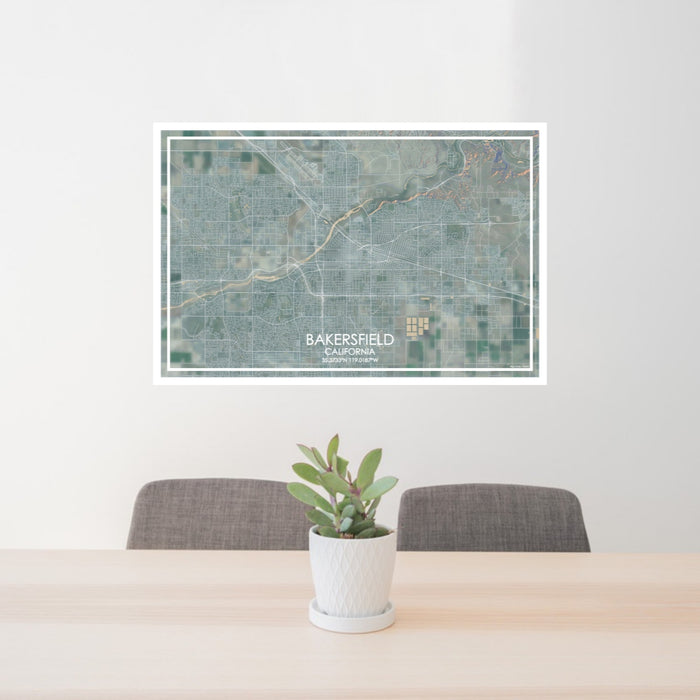 24x36 Bakersfield California Map Print Lanscape Orientation in Afternoon Style Behind 2 Chairs Table and Potted Plant