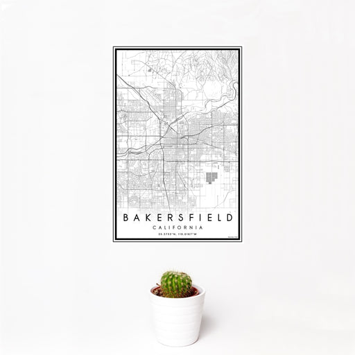 12x18 Bakersfield California Map Print Portrait Orientation in Classic Style With Small Cactus Plant in White Planter