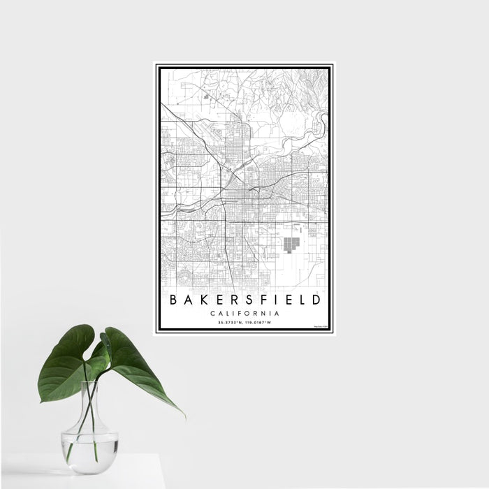 16x24 Bakersfield California Map Print Portrait Orientation in Classic Style With Tropical Plant Leaves in Water
