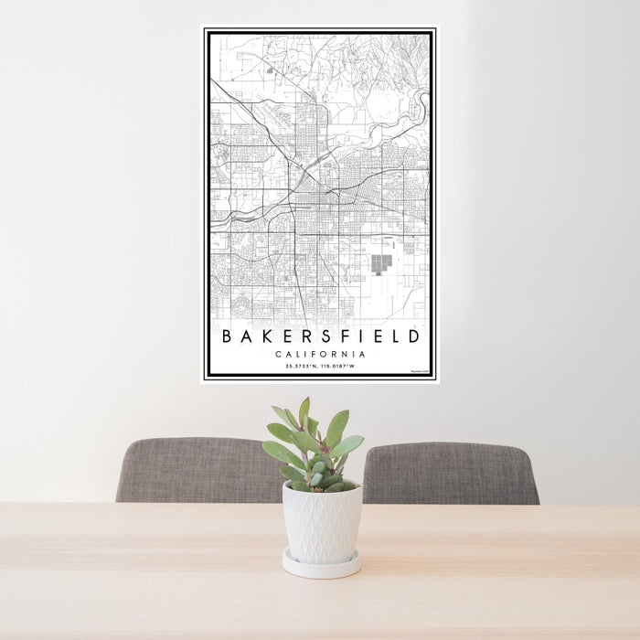 24x36 Bakersfield California Map Print Portrait Orientation in Classic Style Behind 2 Chairs Table and Potted Plant