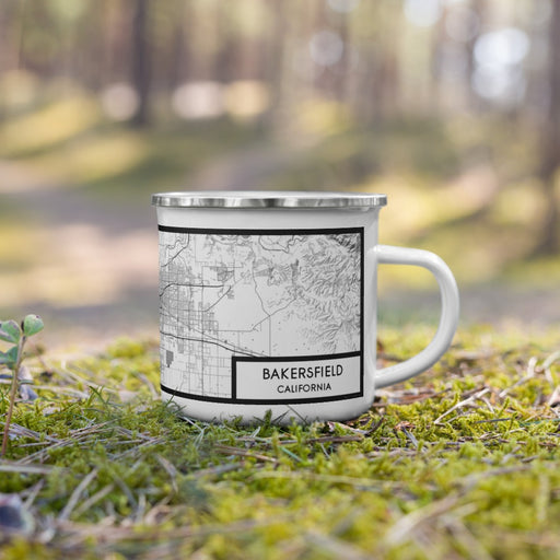 Right View Custom Bakersfield California Map Enamel Mug in Classic on Grass With Trees in Background