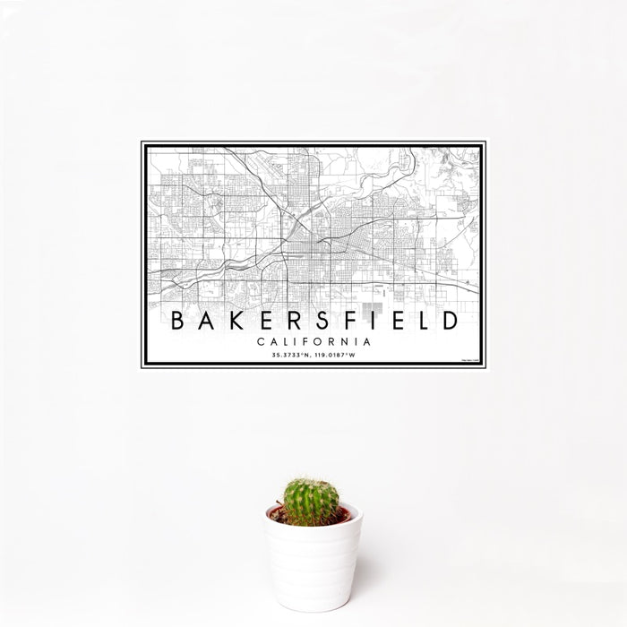 12x18 Bakersfield California Map Print Landscape Orientation in Classic Style With Small Cactus Plant in White Planter
