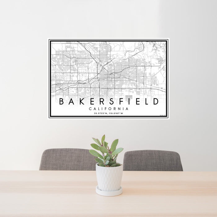 24x36 Bakersfield California Map Print Landscape Orientation in Classic Style Behind 2 Chairs Table and Potted Plant