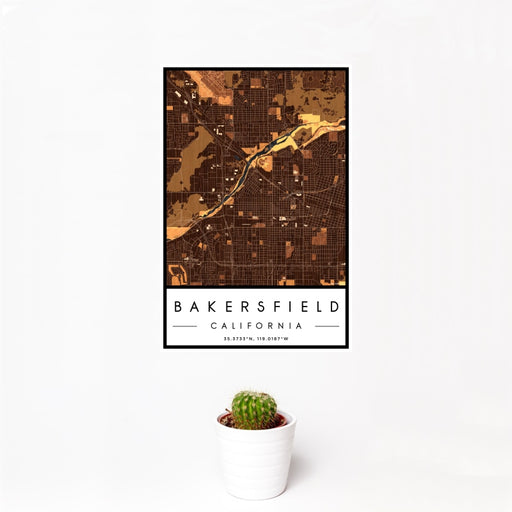 12x18 Bakersfield California Map Print Portrait Orientation in Ember Style With Small Cactus Plant in White Planter