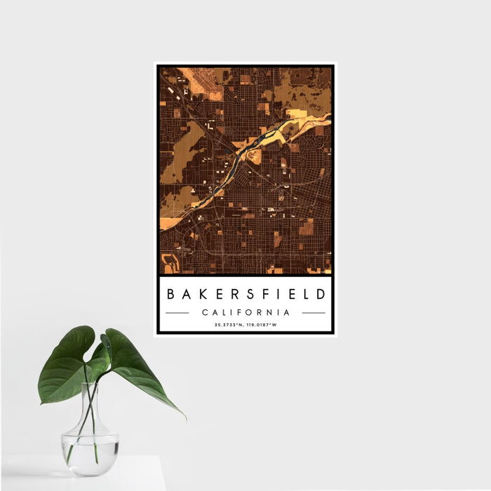 16x24 Bakersfield California Map Print Portrait Orientation in Ember Style With Tropical Plant Leaves in Water