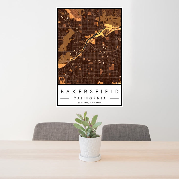 24x36 Bakersfield California Map Print Portrait Orientation in Ember Style Behind 2 Chairs Table and Potted Plant