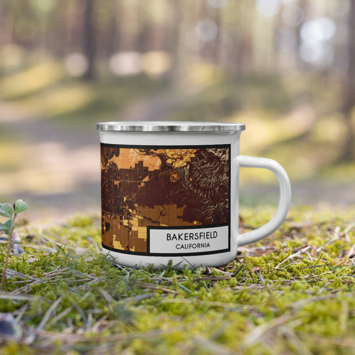 Right View Custom Bakersfield California Map Enamel Mug in Ember on Grass With Trees in Background