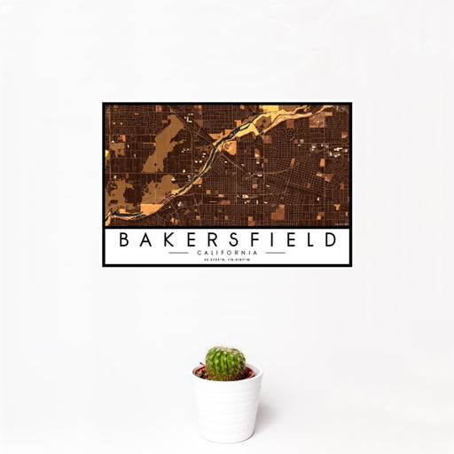 12x18 Bakersfield California Map Print Landscape Orientation in Ember Style With Small Cactus Plant in White Planter