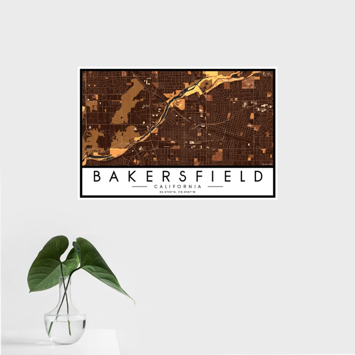 16x24 Bakersfield California Map Print Landscape Orientation in Ember Style With Tropical Plant Leaves in Water