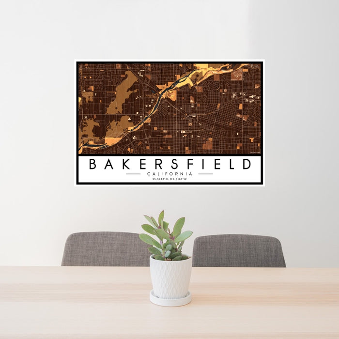 24x36 Bakersfield California Map Print Landscape Orientation in Ember Style Behind 2 Chairs Table and Potted Plant