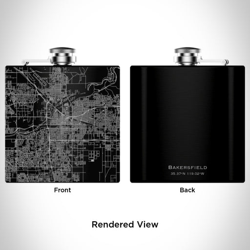 Rendered View of Bakersfield California Map Engraving on 6oz Stainless Steel Flask in Black