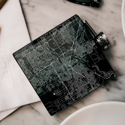 Bakersfield California Custom Engraved City Map Inscription Coordinates on 6oz Stainless Steel Flask in Black