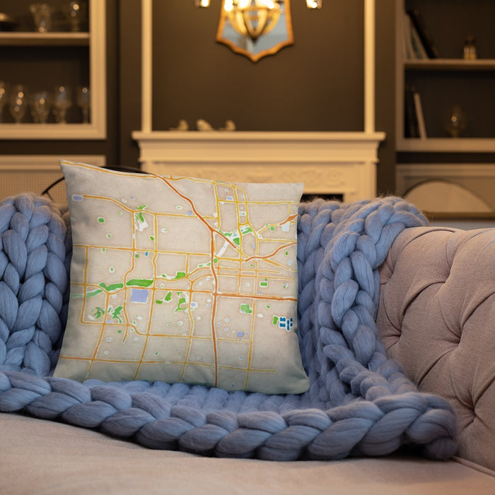 Custom Bakersfield California Map Throw Pillow in Watercolor on Cream Colored Couch