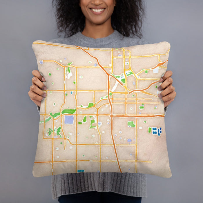 Person holding 18x18 Custom Bakersfield California Map Throw Pillow in Watercolor