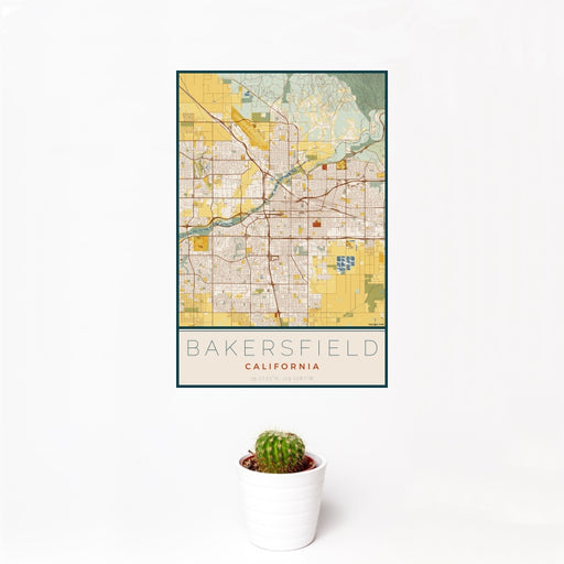 12x18 Bakersfield California Map Print Portrait Orientation in Woodblock Style With Small Cactus Plant in White Planter