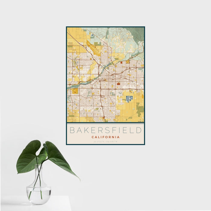16x24 Bakersfield California Map Print Portrait Orientation in Woodblock Style With Tropical Plant Leaves in Water