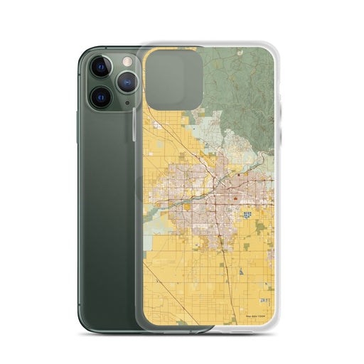 Custom Bakersfield California Map Phone Case in Woodblock on Table with Laptop and Plant