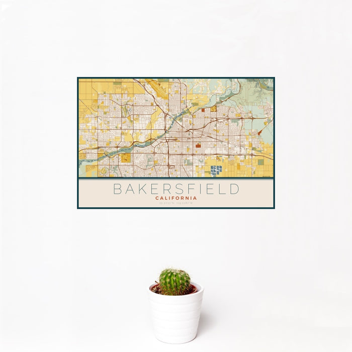 12x18 Bakersfield California Map Print Landscape Orientation in Woodblock Style With Small Cactus Plant in White Planter