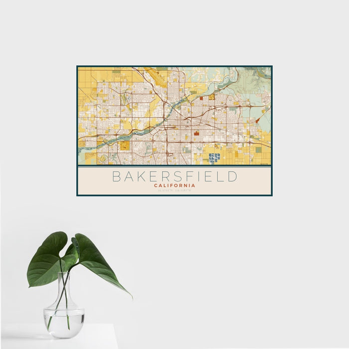 16x24 Bakersfield California Map Print Landscape Orientation in Woodblock Style With Tropical Plant Leaves in Water