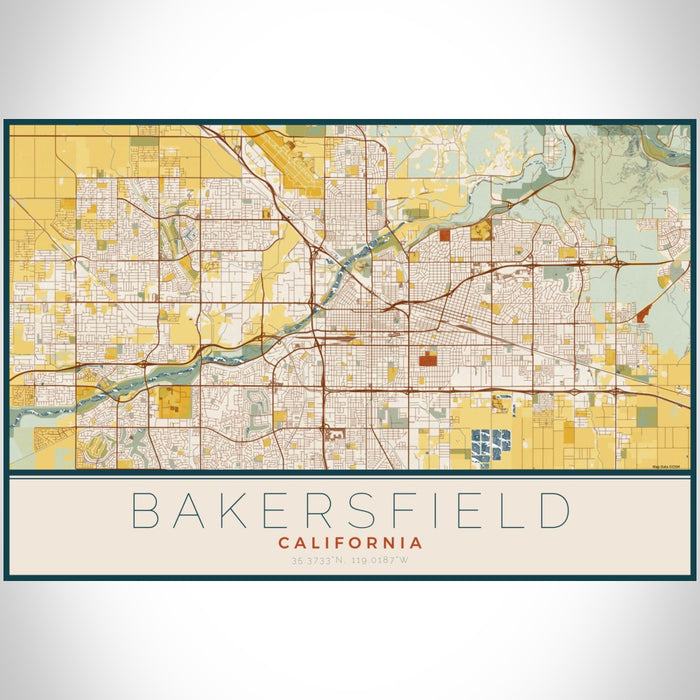 Bakersfield California Map Print Landscape Orientation in Woodblock Style With Shaded Background