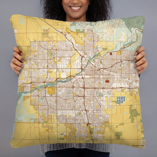 Person holding 22x22 Custom Bakersfield California Map Throw Pillow in Woodblock