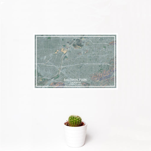 12x18 Baldwin Park California Map Print Landscape Orientation in Afternoon Style With Small Cactus Plant in White Planter