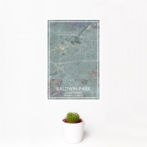12x18 Baldwin Park California Map Print Portrait Orientation in Afternoon Style With Small Cactus Plant in White Planter