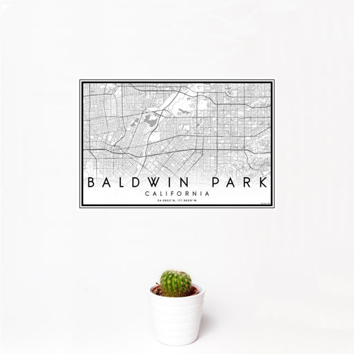 12x18 Baldwin Park California Map Print Landscape Orientation in Classic Style With Small Cactus Plant in White Planter