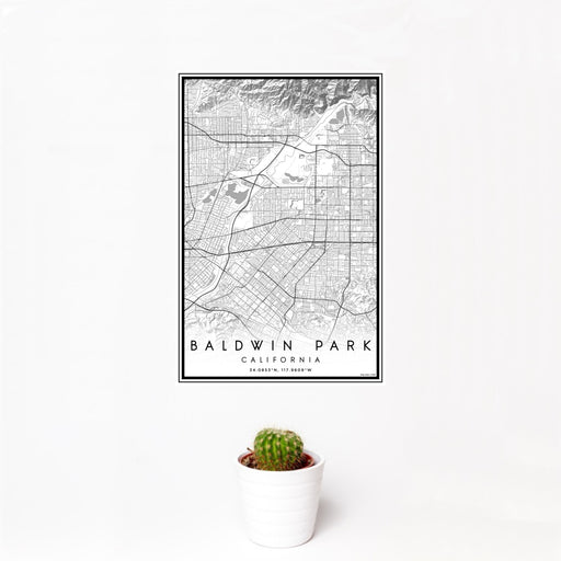 12x18 Baldwin Park California Map Print Portrait Orientation in Classic Style With Small Cactus Plant in White Planter