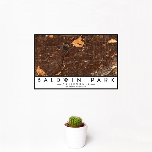 12x18 Baldwin Park California Map Print Landscape Orientation in Ember Style With Small Cactus Plant in White Planter
