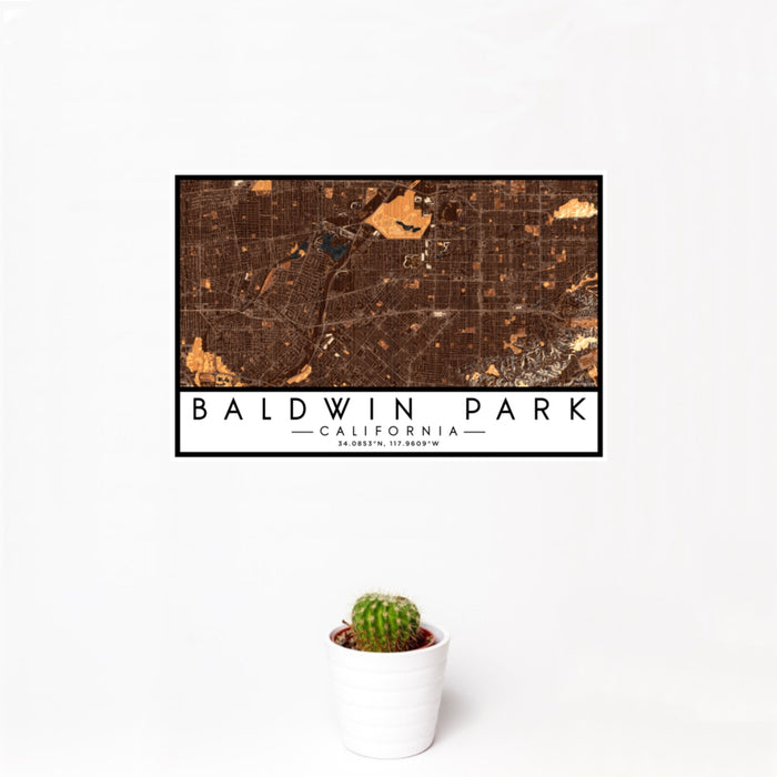 12x18 Baldwin Park California Map Print Landscape Orientation in Ember Style With Small Cactus Plant in White Planter