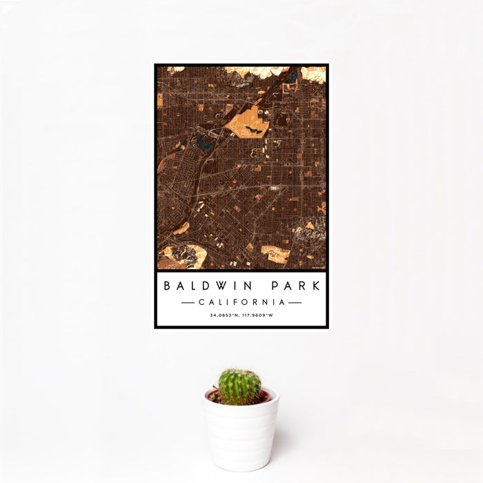 12x18 Baldwin Park California Map Print Portrait Orientation in Ember Style With Small Cactus Plant in White Planter