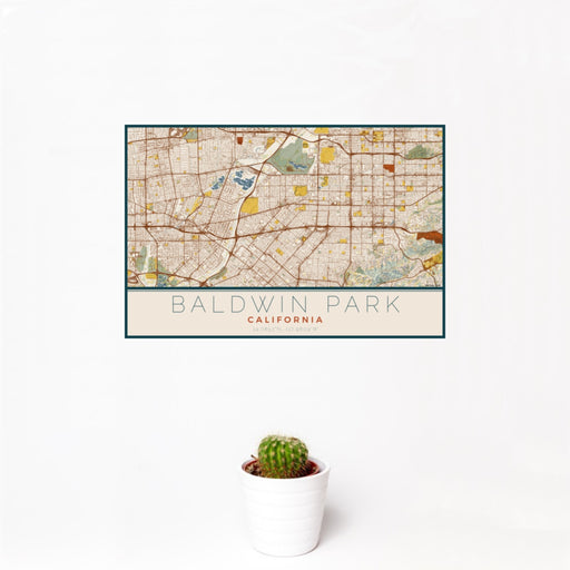 12x18 Baldwin Park California Map Print Landscape Orientation in Woodblock Style With Small Cactus Plant in White Planter